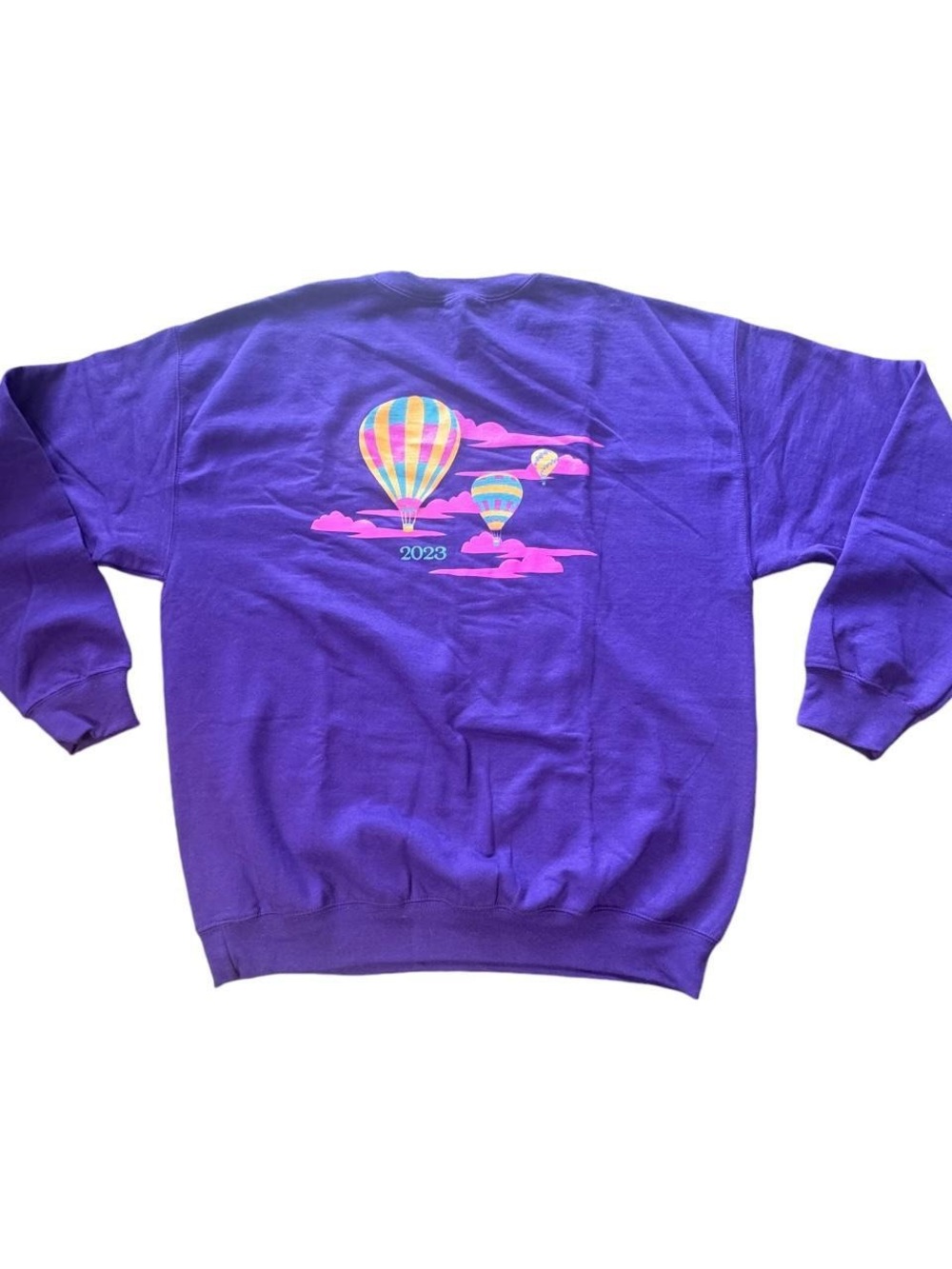 2023 Gildan Purple Crewneck Sweatshirt with Colorful Hot Air Balloon Graphic